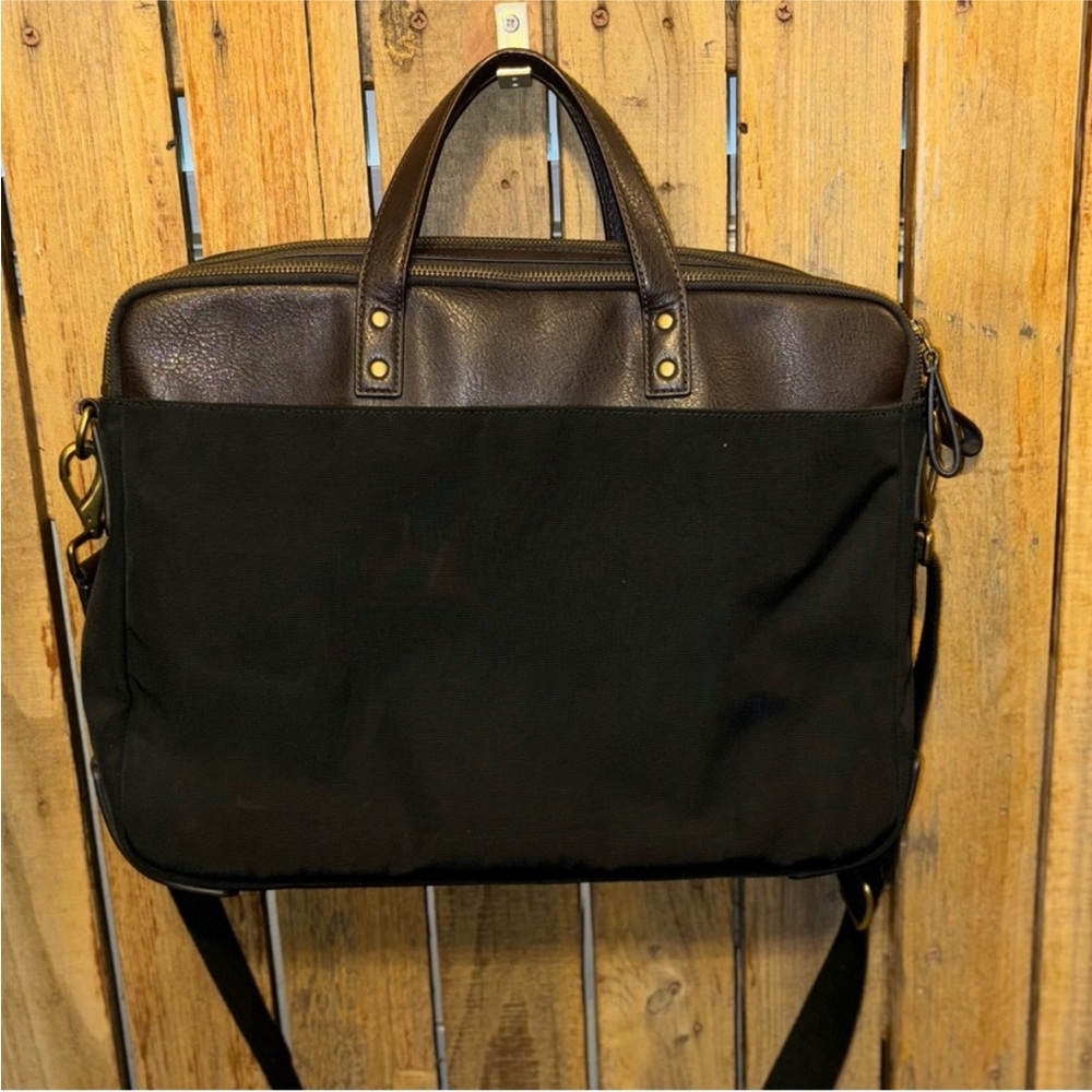 Fossil Mens Black Canvas Laptop Bag with Brown Leather Trim